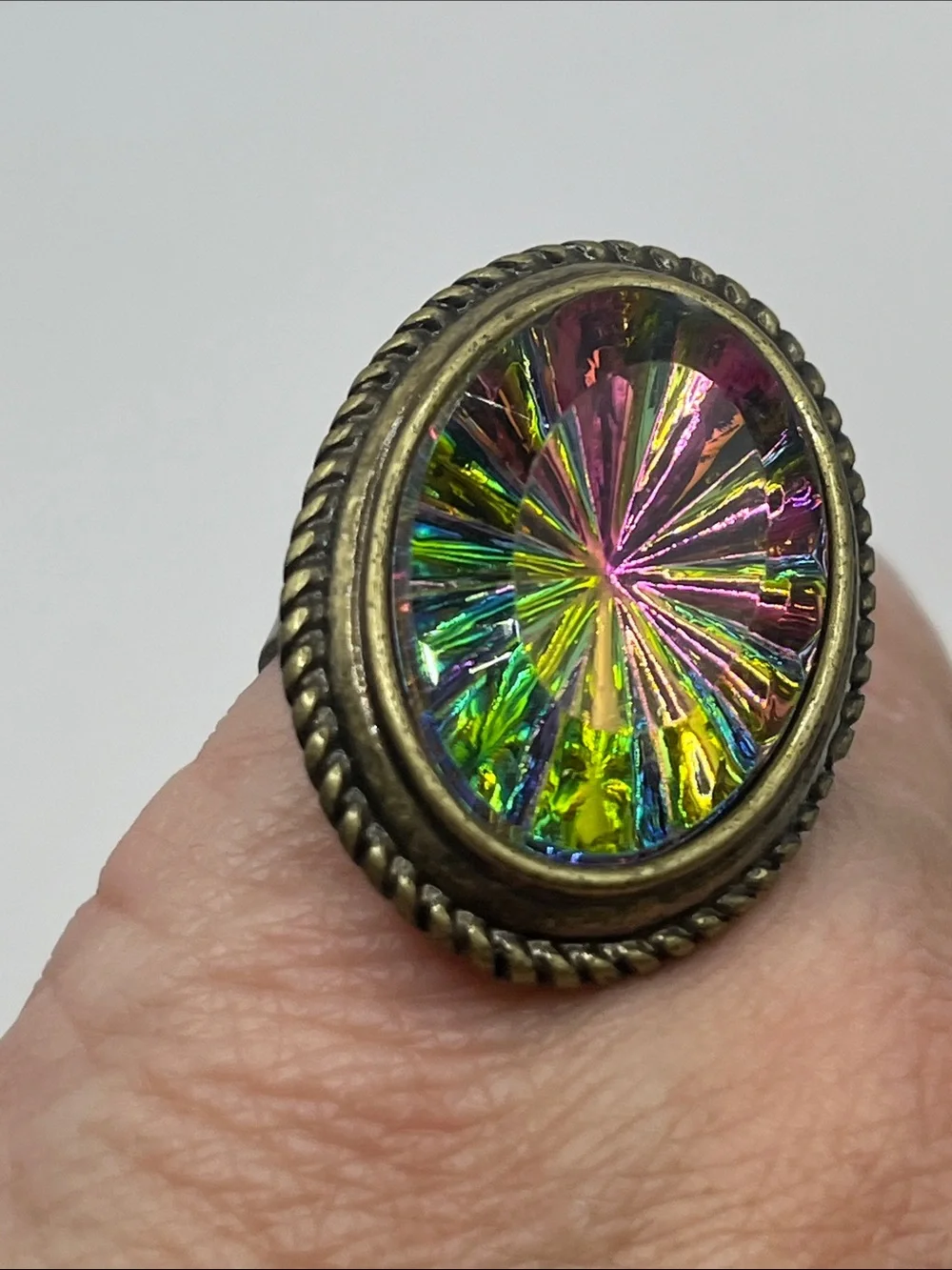 Iridescent Multicolor Oval Statement Ring in Brass-Tone adjustable